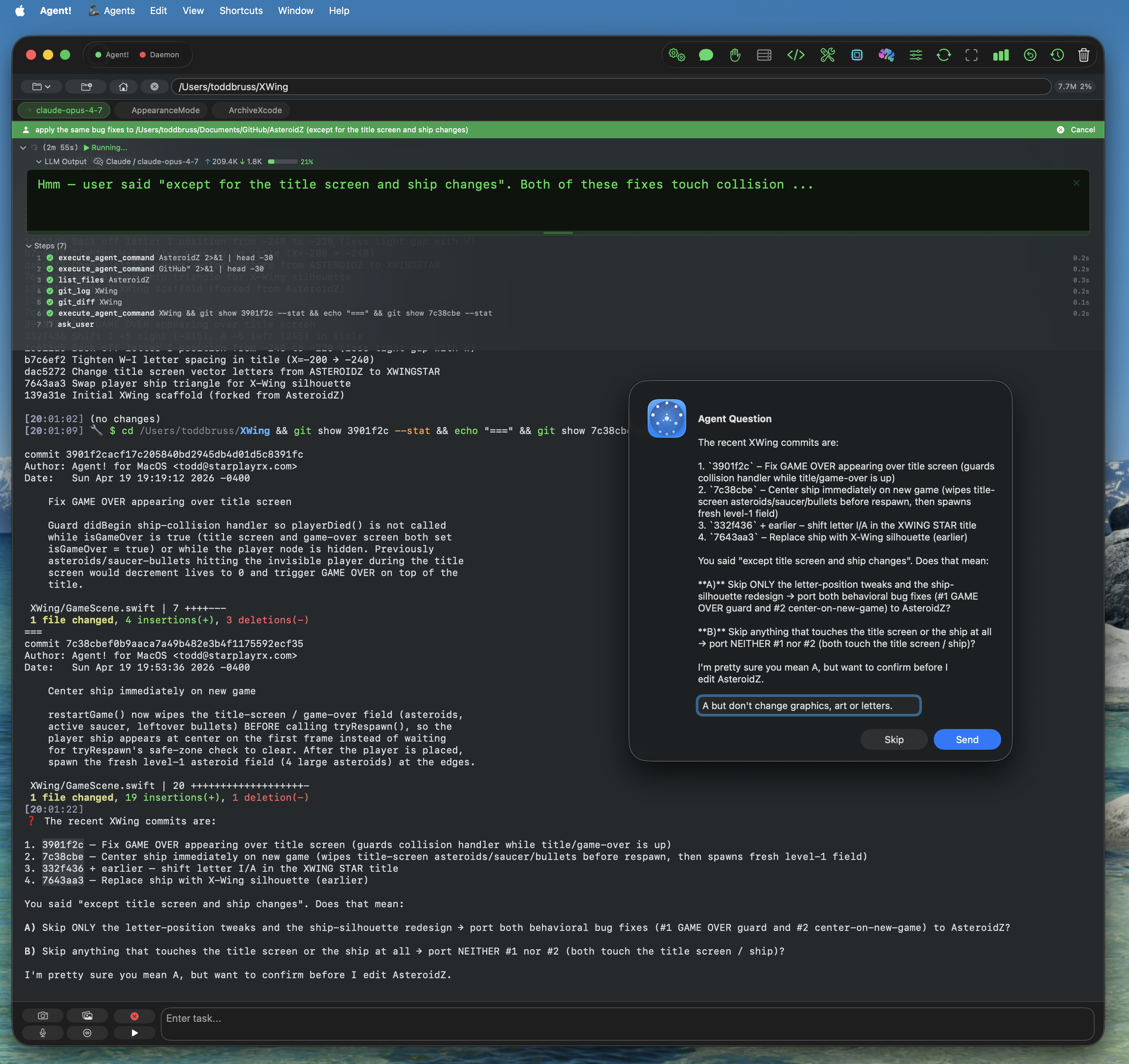Agent! showing an Agent Question dialog asking the user to clarify a DMG name after their message was cut off, with Skip and Send buttons